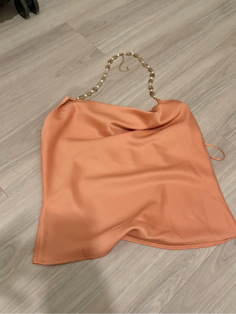 Women's Satin Slip Skirt in Peach with Gold Chain Detail